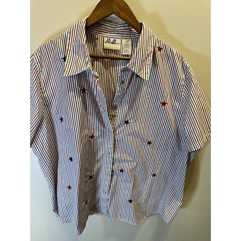 Alfred Dunner Women’s 22W Plus Striped Button-Up Collared Patriotic Blouse
